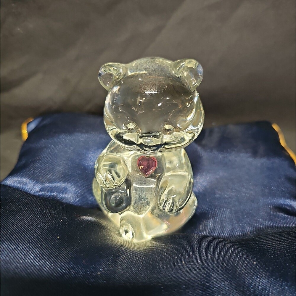 Adorable Fenton Art Glass Birthday Bear Pink Heart Paperweight 3.5”